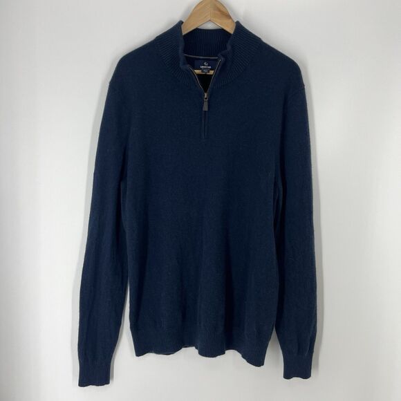 Lands' End Sweater Large Tall Mens Navy 100% Cashmere 1/4 Zip Mock Neck Pullover